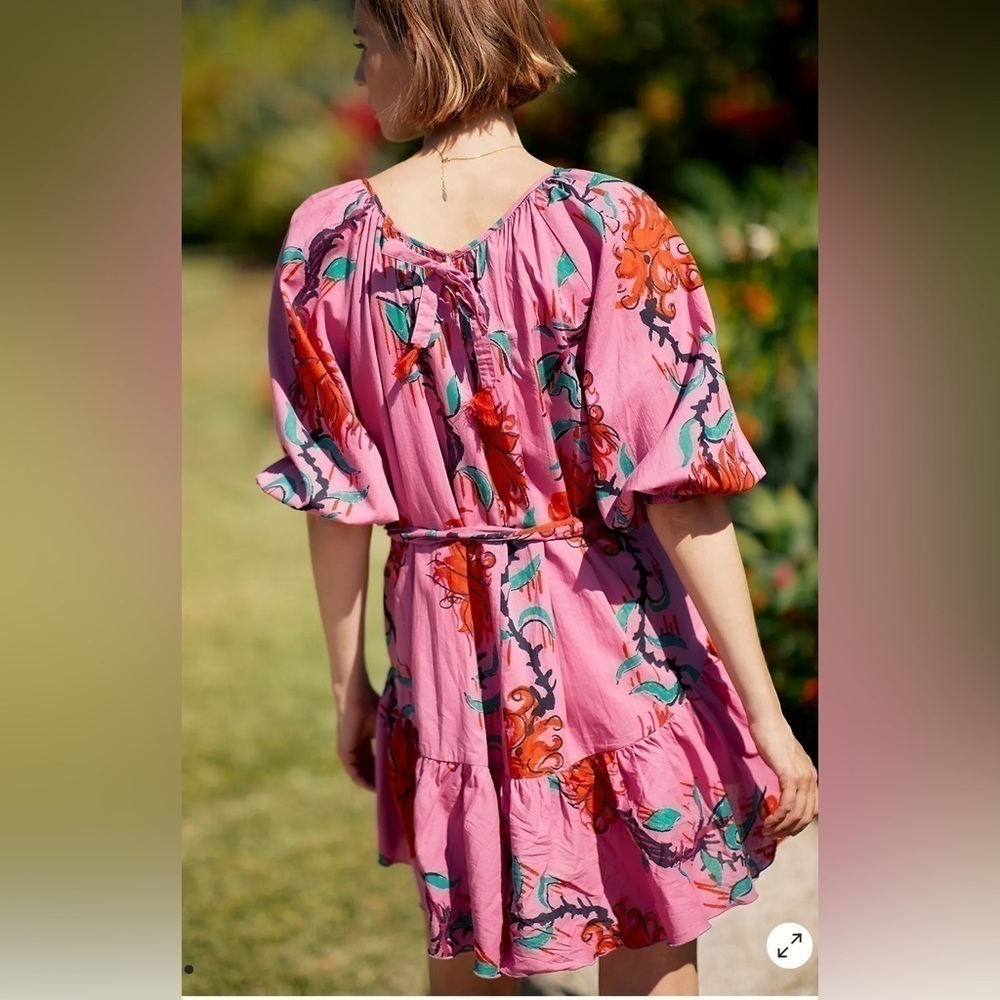 Ro’s Garden Vera Pink Floral Puff Sleeve Mini Dress Tie Waist Ruffle Hem Size M - Picture 15 of 16